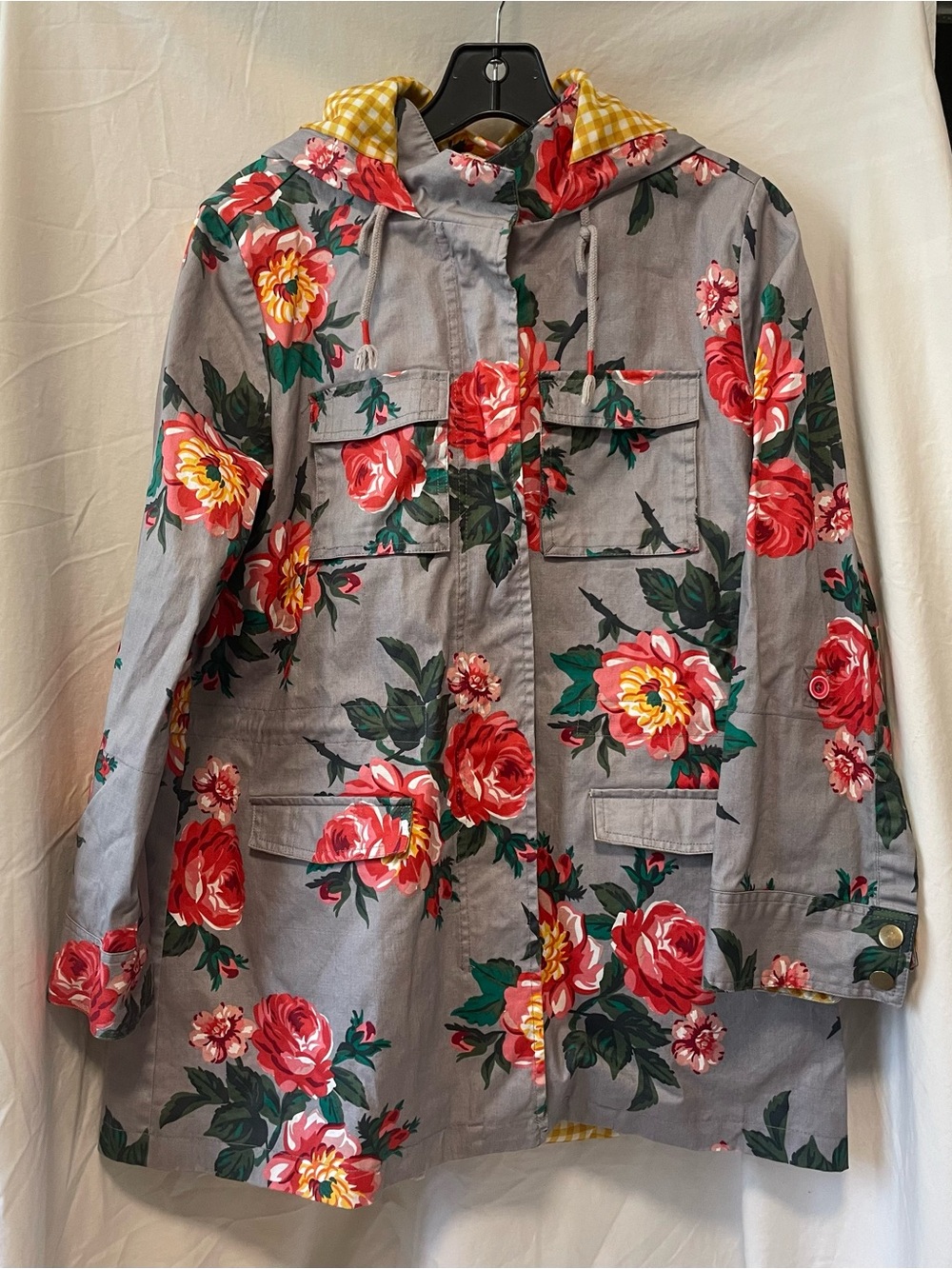 Matilda Jane Floral Hooded Rain Jacket - Gray with Red Rose Print